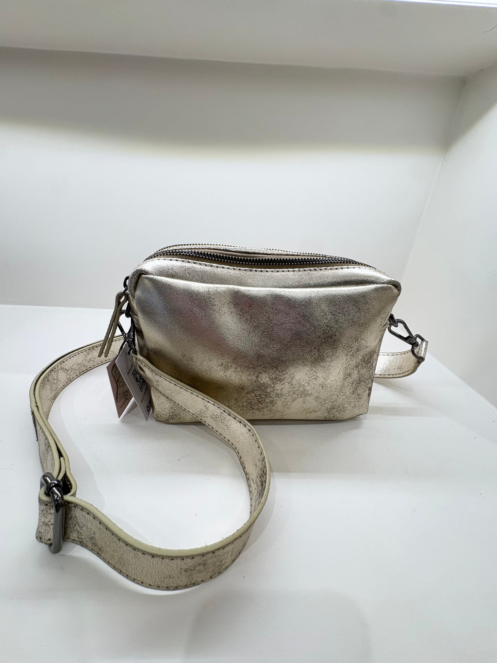 Sac à main bandoulière CHARLAY STONE metalisé champagne