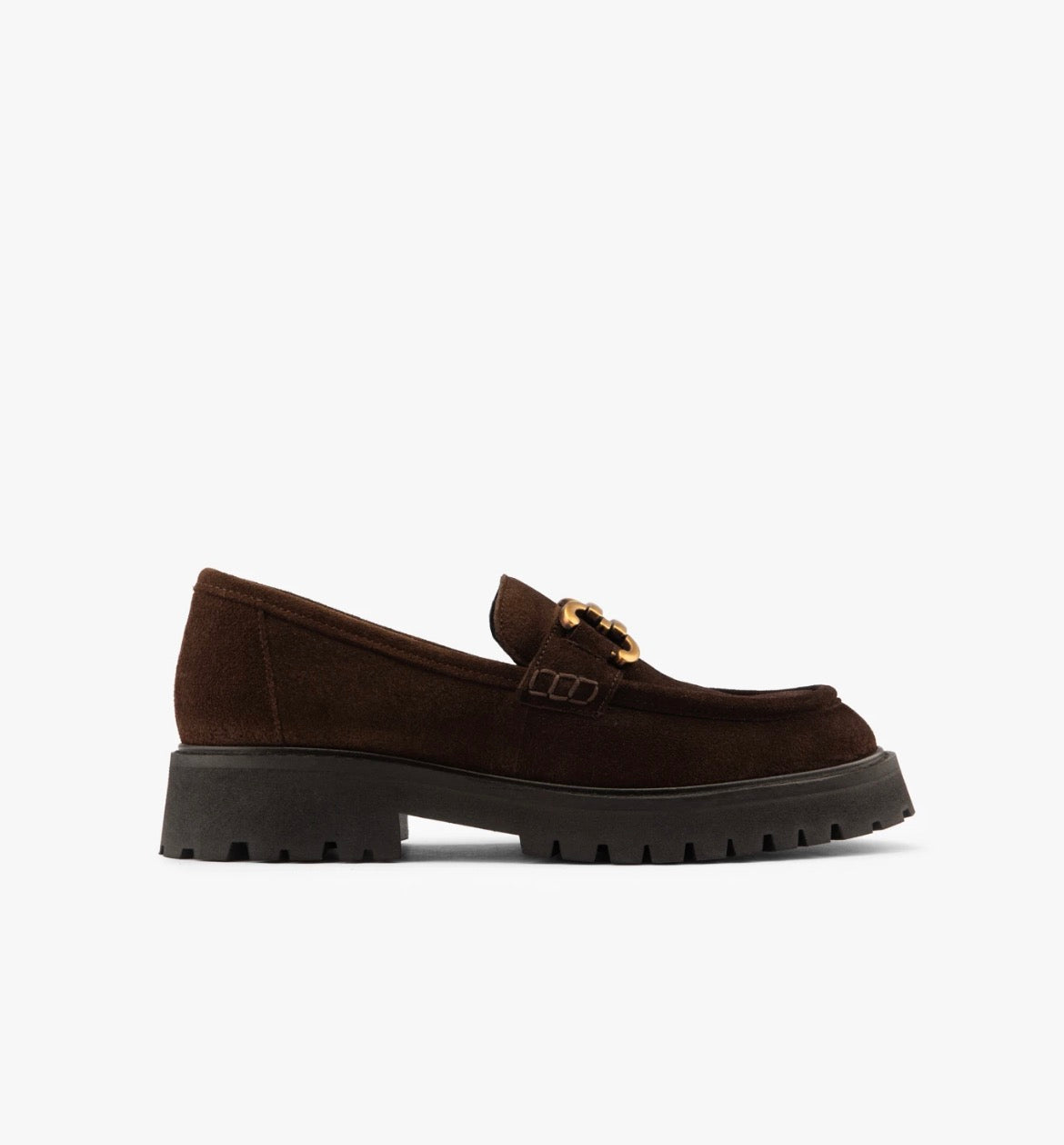 Mocassins à chaîne en cuir suédé marron foncé — Maison Toufet
