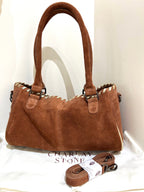 Sac à main en daim camel à détails tressés doré