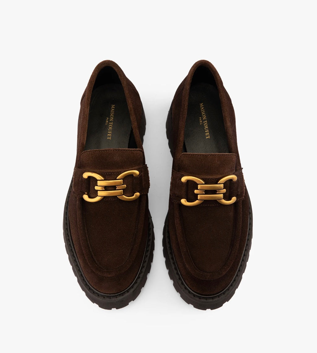 Mocassins à chaîne en cuir suédé marron foncé — Maison Toufet